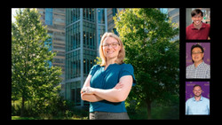 A female professor stands in front of stone building. To the right are headshots of three male professors