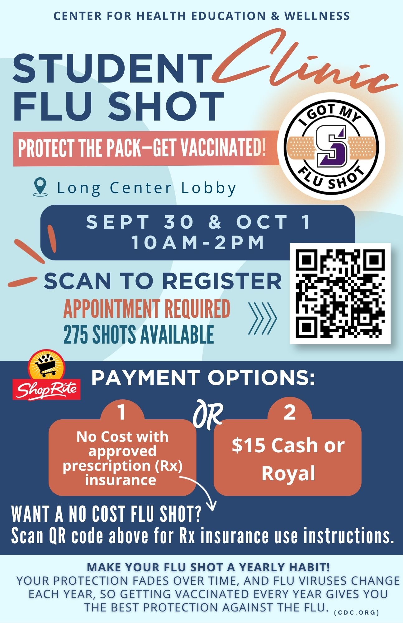 Flu shot Clinic by Shop Rite for Students and insurance information